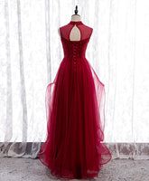 Burgundy High Neck Tulle Sequin Beads Long Evening Dresses
